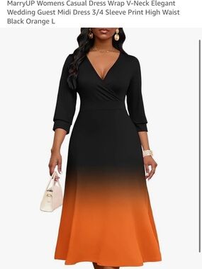 Women's Black to Orange Ombre Midi Dress - V-Neck 3/4 Sleeve